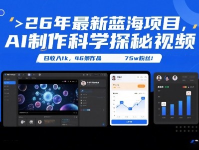 AI科学探秘视频制作教程：2026蓝海项目，日收益1K，46作品75W粉丝