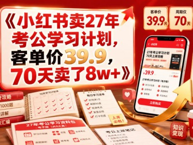 小红书考公学习计划项目，客单价39.9，70天盈利8万+
